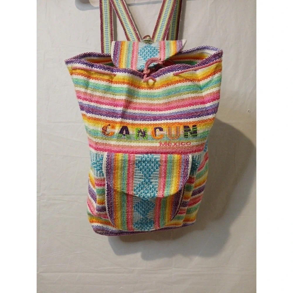 Aztec Backpack With Drawstring Pocket  Cancun Mexico Pink Purple‎ Hippie Boho